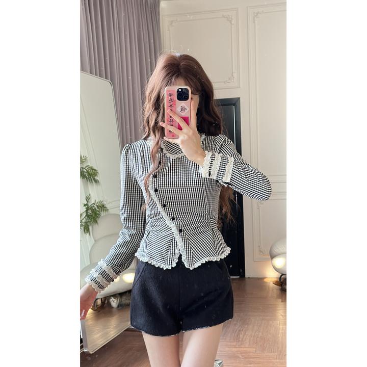 黑白条纹木耳边翻领衬衫女春秋季新款设计感别致显瘦长袖上衣