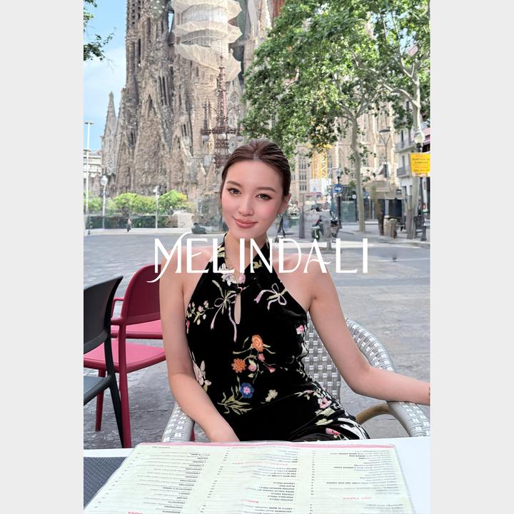Melinda Li【卢浮】新中式100真丝丝绒印花斜裁收腰改良旗袍连衣裙