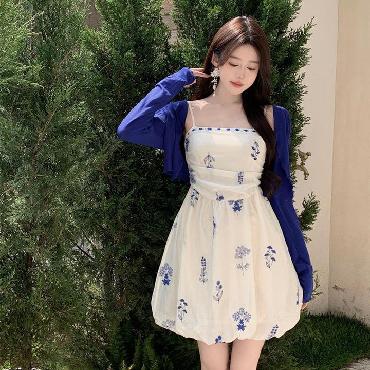 f夏季新款新中式国风海盐coco法式吊带连衣裙春夏花苞裙+开衫