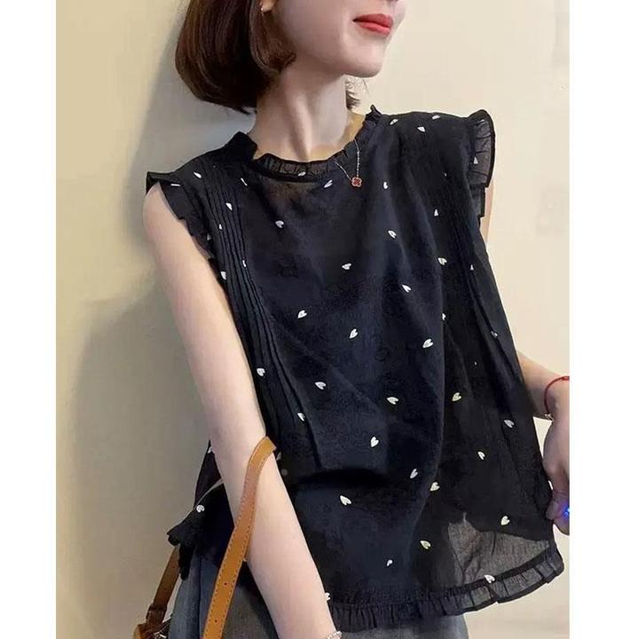 木耳边无袖衬衣女今年夏季新款韩版时尚爱心提花设计背心洋气上衣