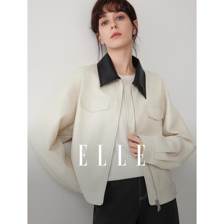 ELLE女装撞色短款皮夹克式外套2025秋冬穿搭通勤独特上衣EF53441