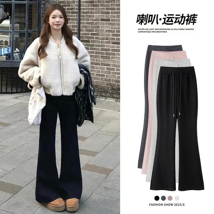 美式微喇运动裤女2025秋冬新款加绒高腰垂感休闲马蹄喇叭卫裤黑色