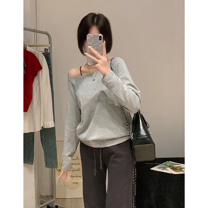 纯棉美式长袖女T恤宽松一字肩秋季新款露锁骨纯欲甜辣超好看上衣