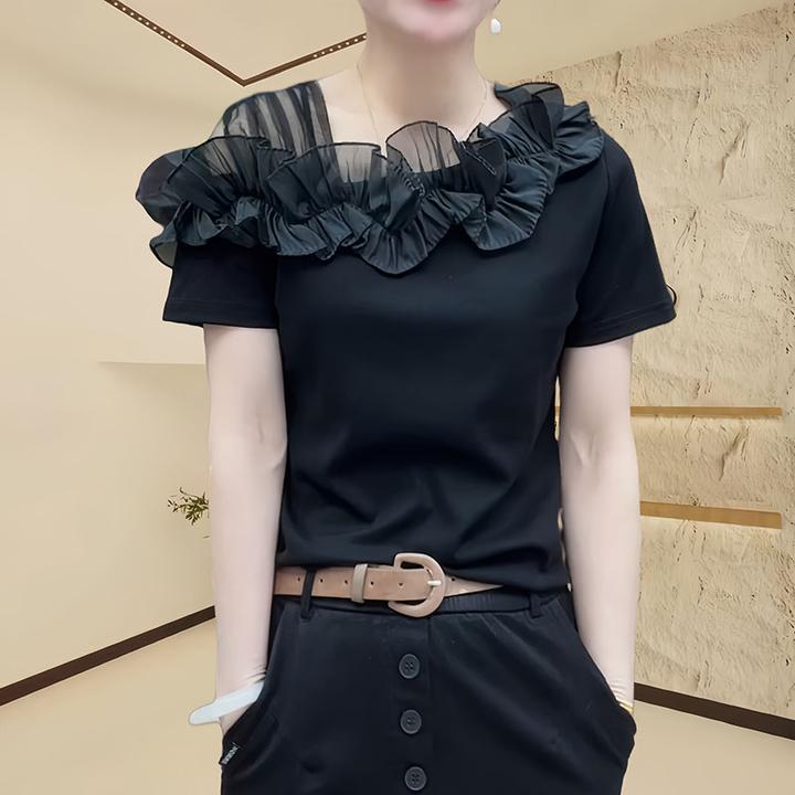 2025夏季不规则领洋气露肩花边时尚百搭T恤显瘦短袖纯色上衣女士