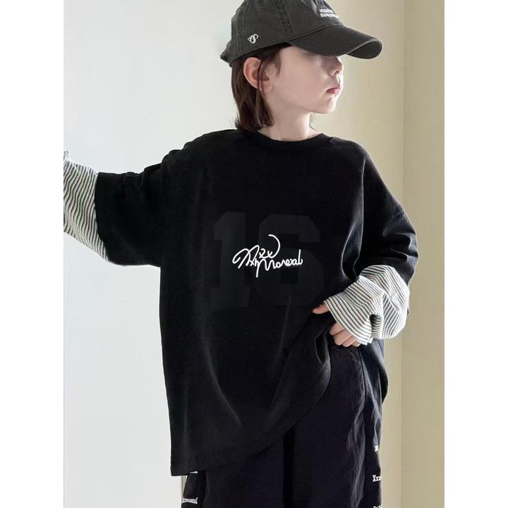 中大童秋款假两件拼接条纹长袖T恤潮酷中性款上衣1199