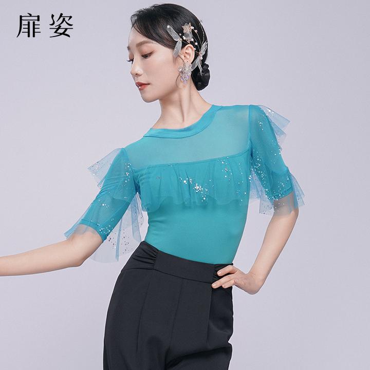 扉姿 摩登舞服女夏季网纱亮片连体衣中袖广场舞练功服上衣F1269