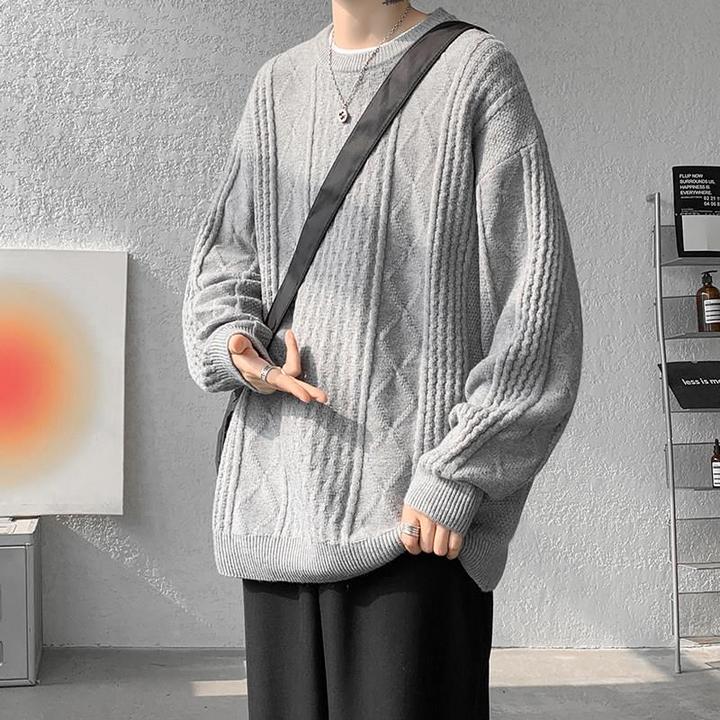 安可拉红圆领毛衣男秋冬季宽松慵懒提花针织衫外套加肥加大码线衣