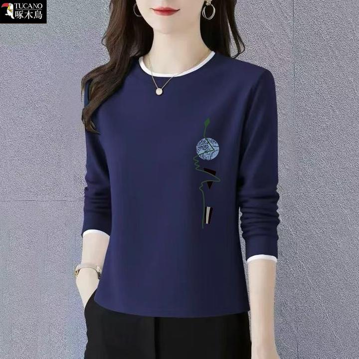 啄木鸟正品内搭显瘦印花圆领t恤2026年春秋长袖百搭撞色上衣女士