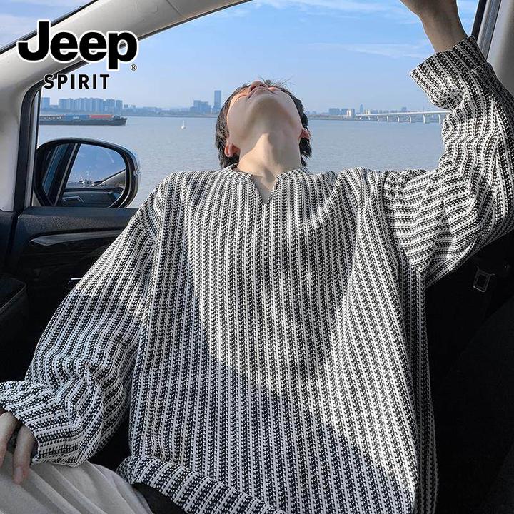 JEEPSPIRITJEEP吉普美式复古鱼骨纹V领长袖卫衣男早秋穿搭打底衫
