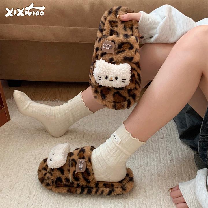 细细条 卡通小猫咪时尚豹纹毛毛拖鞋冬百搭室内外穿二字棉拖鞋女