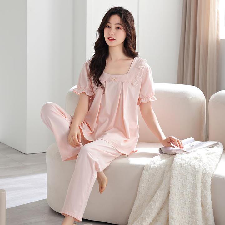 高档睡衣女夏季新款纯棉短袖长裤套装甜美公主风可外穿家居服春季