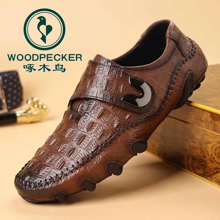 啄木鸟真皮豆豆鞋休闲皮鞋爸爸皮鞋驾车豆豆鞋软底商务韩版鳄鱼纹