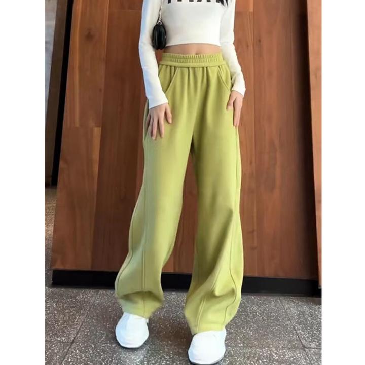 欧货香蕉裤绿色运动裤女2025年新款秋冬休闲加绒直筒阔腿裤卫裤潮