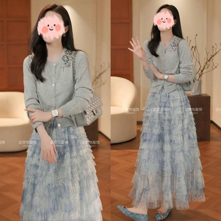 轻奢气场强大女装设计感针织开衫百搭蛋糕半身裙套装女洋气衣服女