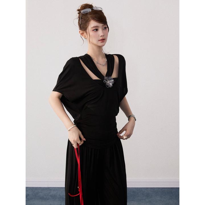 【谢不肉】挂脖花朵背心女秋宽松显瘦罩衫垂感简约裤子套装50226