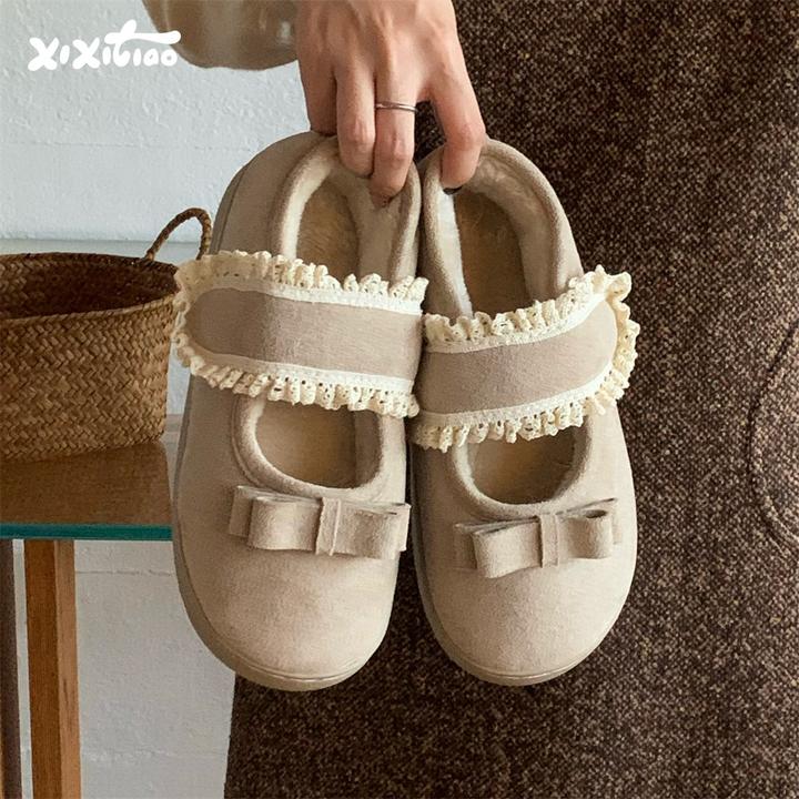 细细条 学生秋冬女蕾丝边魔术贴防滑毛毛鞋时尚棉拖鞋加绒豆豆鞋