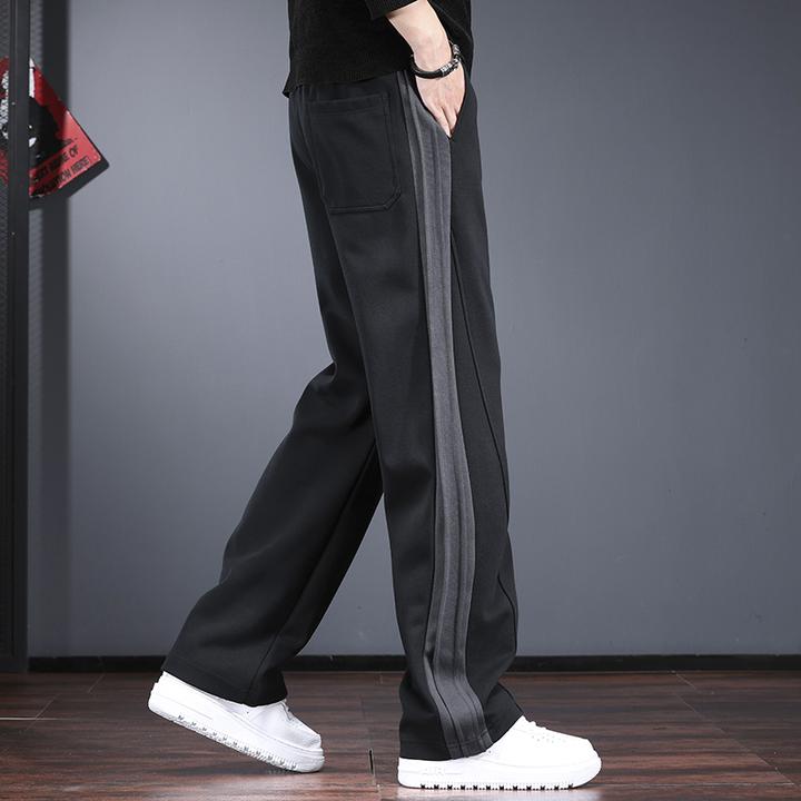 设计感休闲裤男宽松直筒阔腿裤秋冬季条纹软糯感加绒加厚运动卫裤