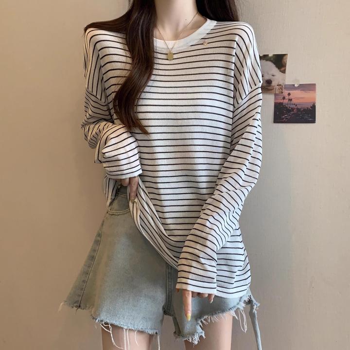 冰丝针织衫条纹防晒衫T恤女春秋季大尺码胖mm中长版外搭罩衫上衣