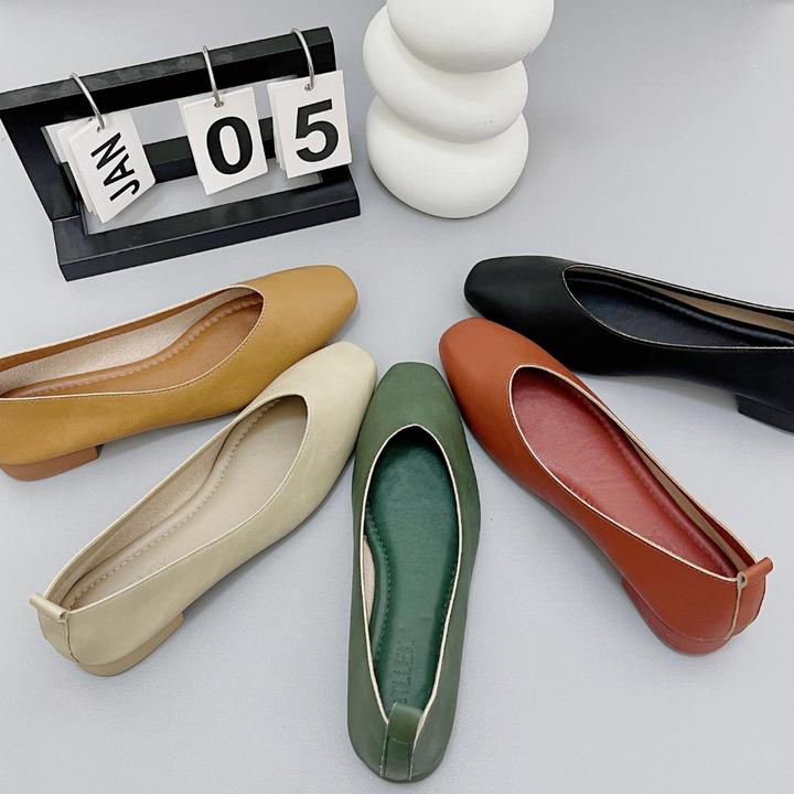 【现货现发】真皮时尚舒适方头V口软面软底平底鞋117休闲百搭浅口
