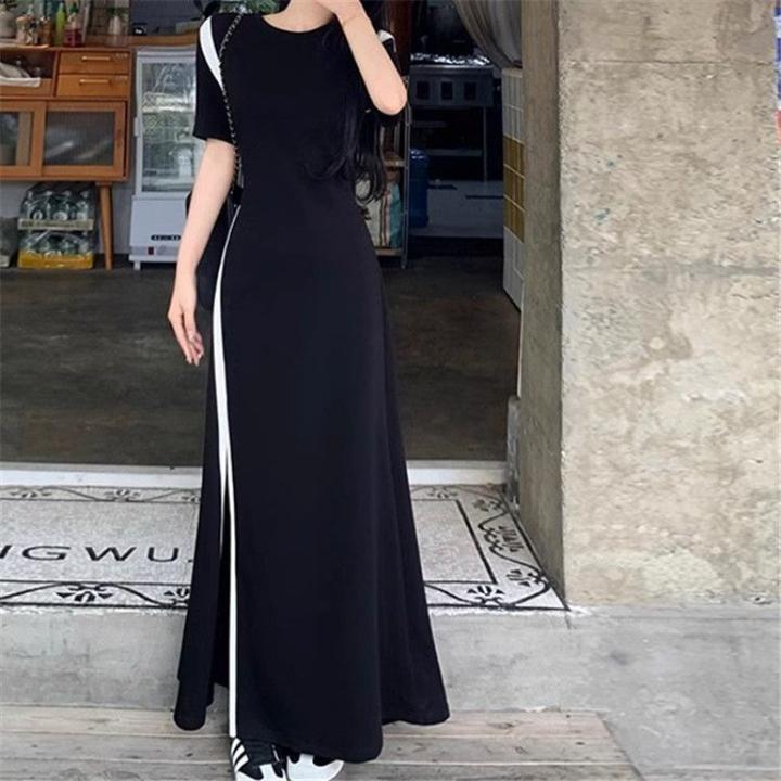 大码设计感长款裙子夏季日常通勤气质女装圆领拼接开叉收腰连衣裙