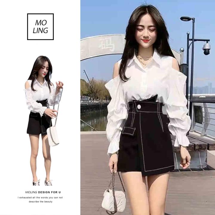 2025早秋新款女装高级设计感白色衬衫薄款不规则高腰短裙裤两件套