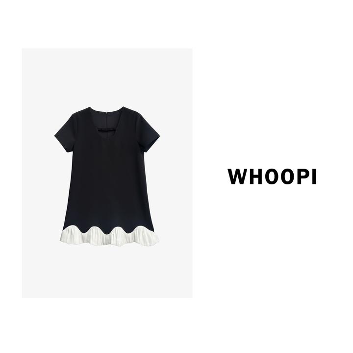 【Whoopi】【赫本风钢琴裙】气质赫本风短袖拼接连衣裙高级小黑裙