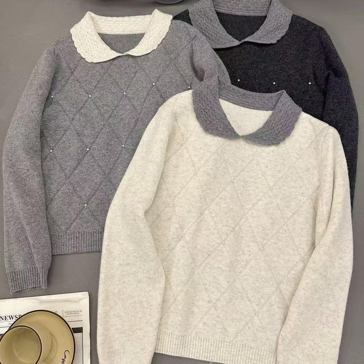 【1019上衣】薇乐针织翻领针织衫长袖菱形格时尚