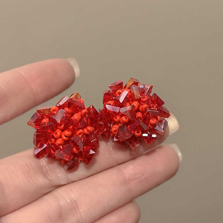 铜合金耳饰 新款红色水晶花朵串珠耳钉耳环高级感精致耳饰百搭