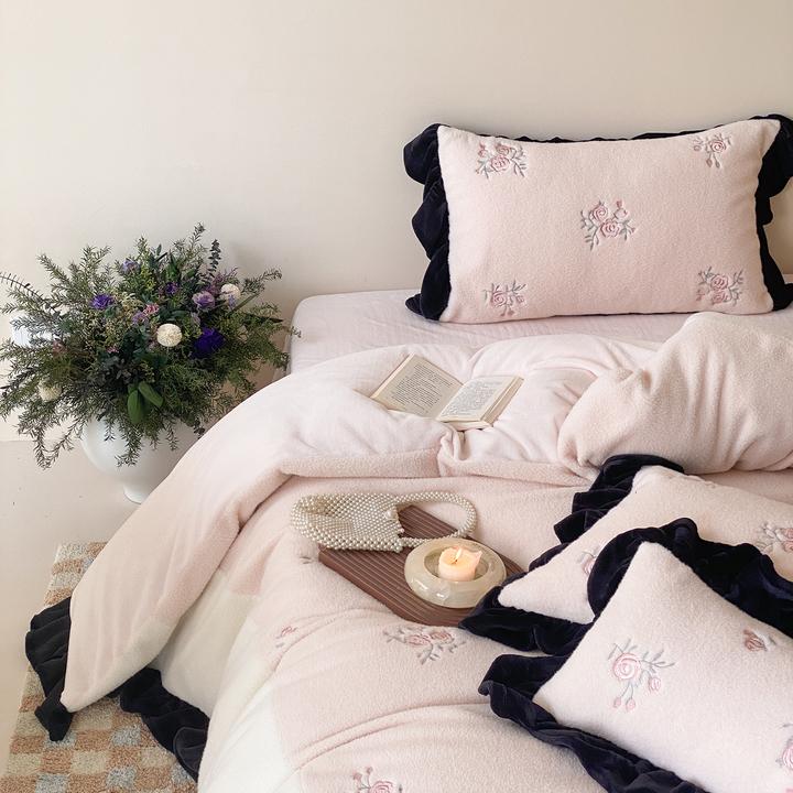 冬季加厚保暖牛奶绒四件套法式花边珊瑚绒法兰绒被套床单床上用品