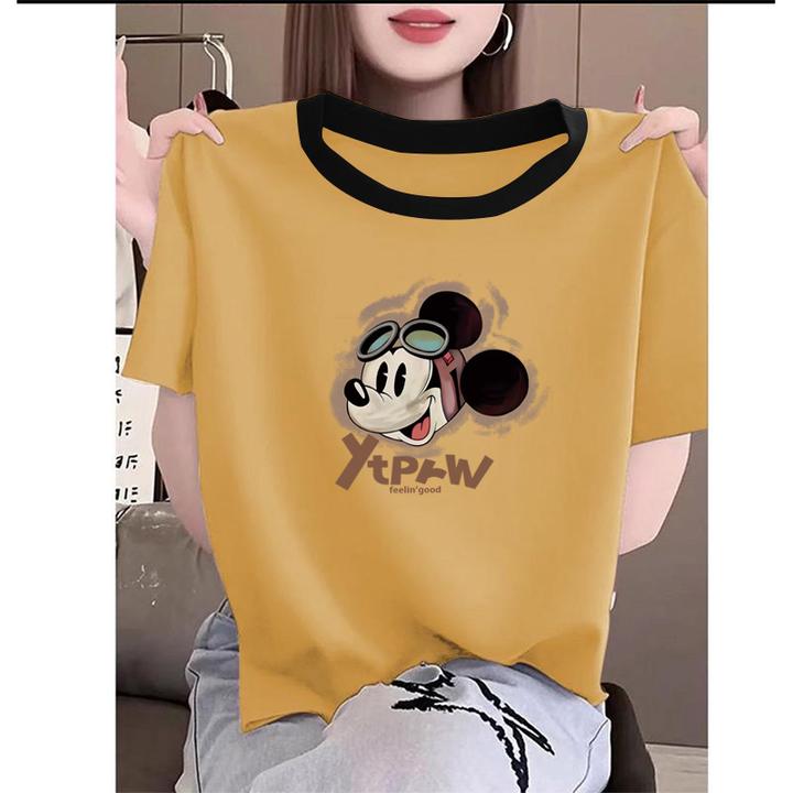 设计感小众纯棉正肩插色黄色短袖女t恤时尚洋气撞色显瘦上衣夏季