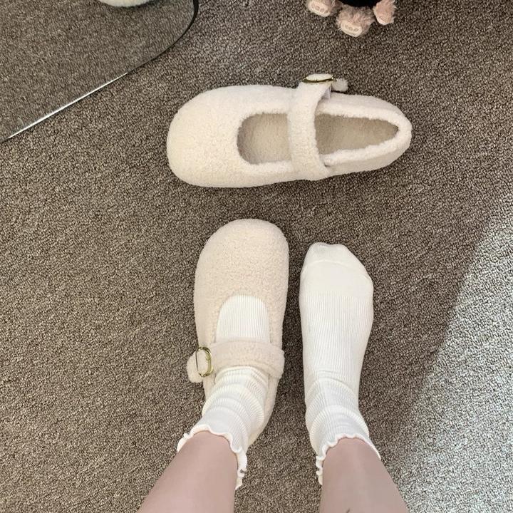 白色勃肯法式毛毛鞋女外穿平底加绒保暖秋冬季2025新款羊羔毛棉鞋