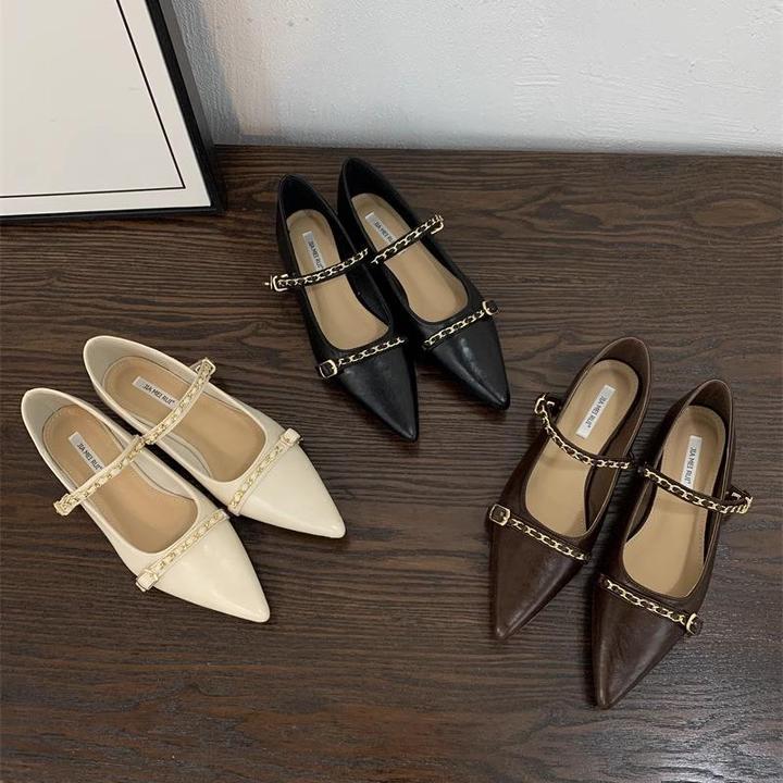 平底单鞋女鞋子复古2025年春季新款尖头金属链一字扣带玛丽珍鞋女