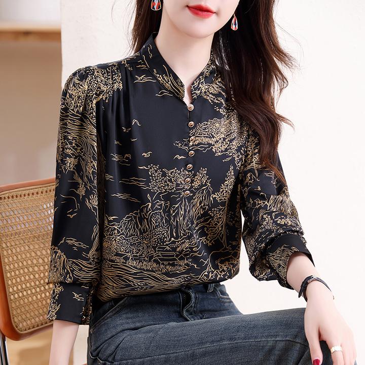 洋气印花长袖衬衫女春秋时尚减龄显瘦气质上衣轻奢妈妈百搭小衫16