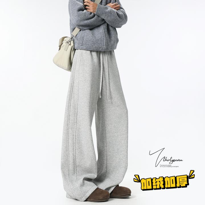 重磅复古深灰色廓形弯卫裤子男冬季美式加绒保暖直筒宽松休闲长裤