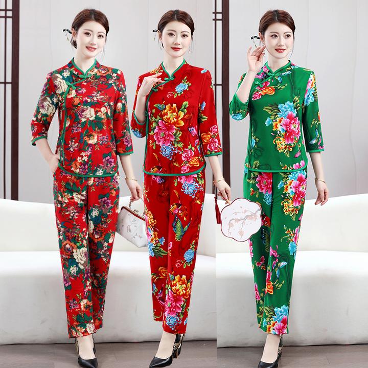 东北大花夏季冰丝套装广场舞扭秧歌姐妹旅游聚会服民族风演出服