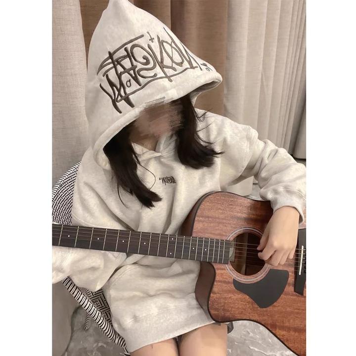 美式ootd简约字母刺绣连帽卫衣女秋冬季加绒加厚宽松休闲外套上衣
