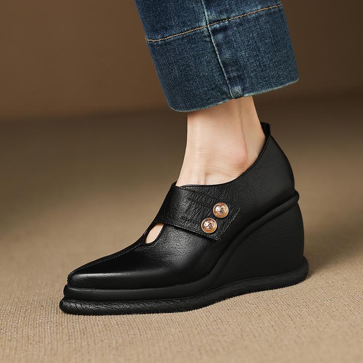 9cm坡跟深口女士皮鞋舒适松糕厚底真皮单鞋2025新款尖头高跟鞋子