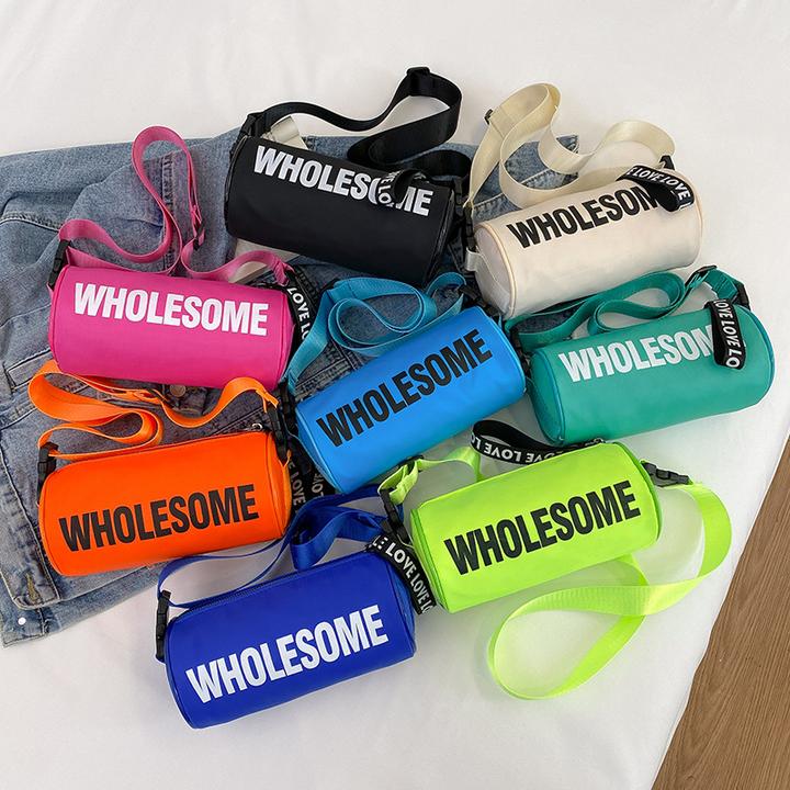 网红儿童包包男童潮酷运动休闲包圆桶字母包女孩洋气单肩斜挎小包