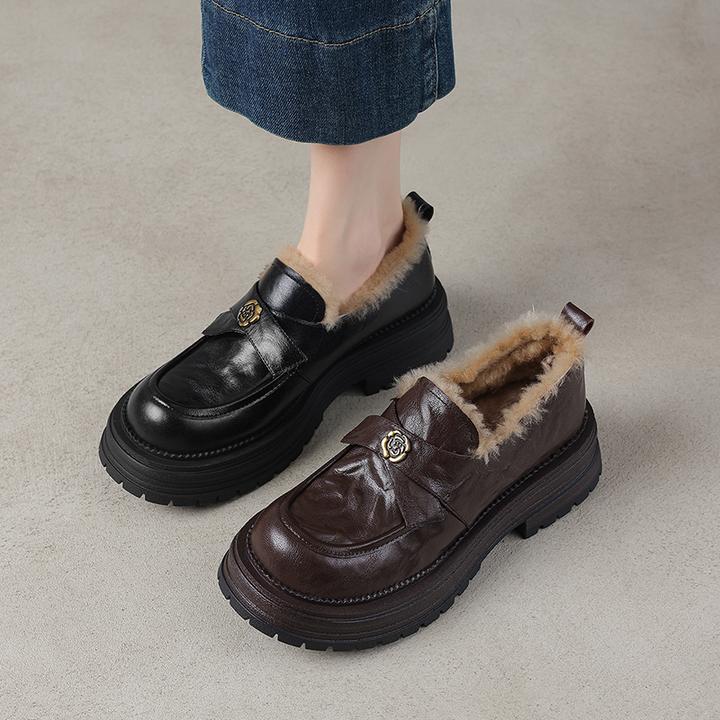 5cm纯羊毛AACCK冬季真皮单鞋加绒小皮鞋厚底乐福鞋山茶花毛毛鞋子