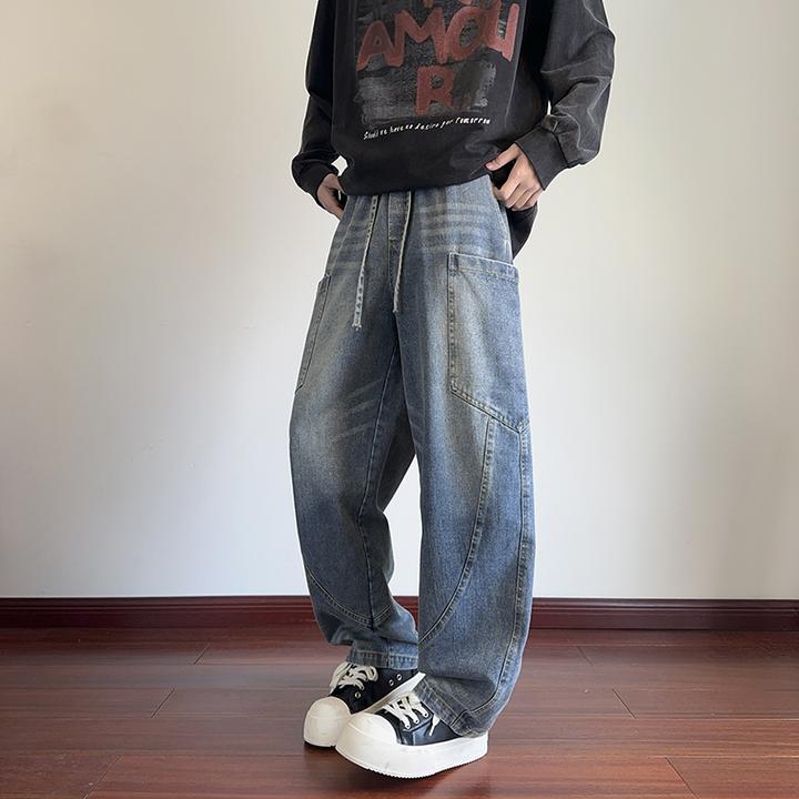 春秋2025新款美式复古男装宽松弯刀街头猫须显瘦小众休闲牛仔裤爆