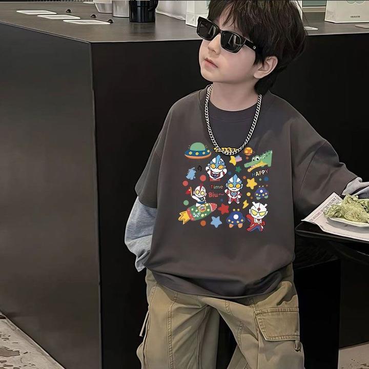 儿童纯棉长袖打底衫男女童春秋中小童宝宝洋气拼色上衣圆领韩版衫