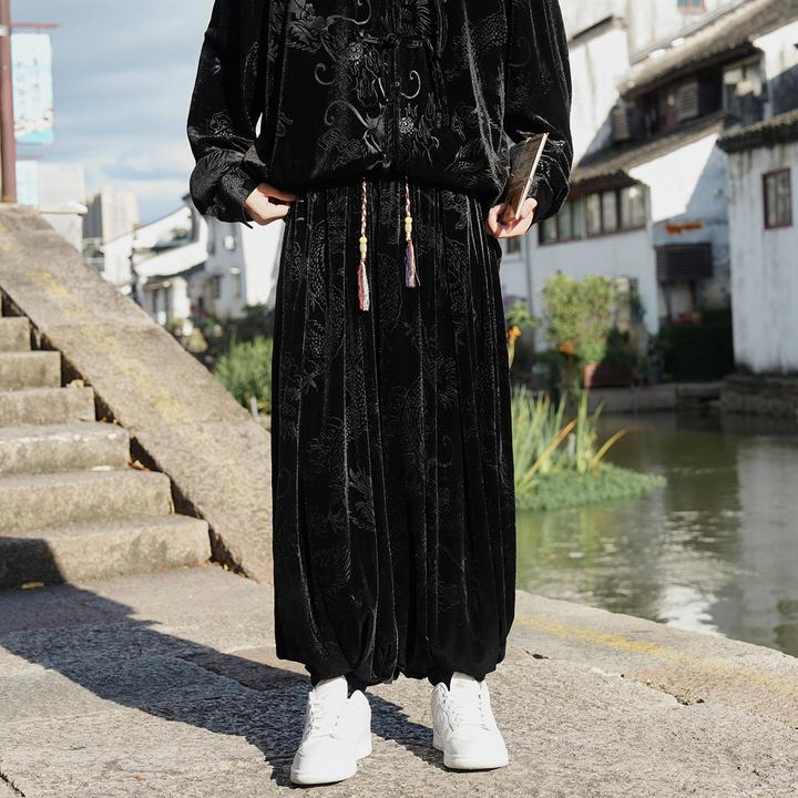 复古黑色金丝绒灯笼裤男中国风龙纹提花小众设计感宽松潮牌阔腿裤