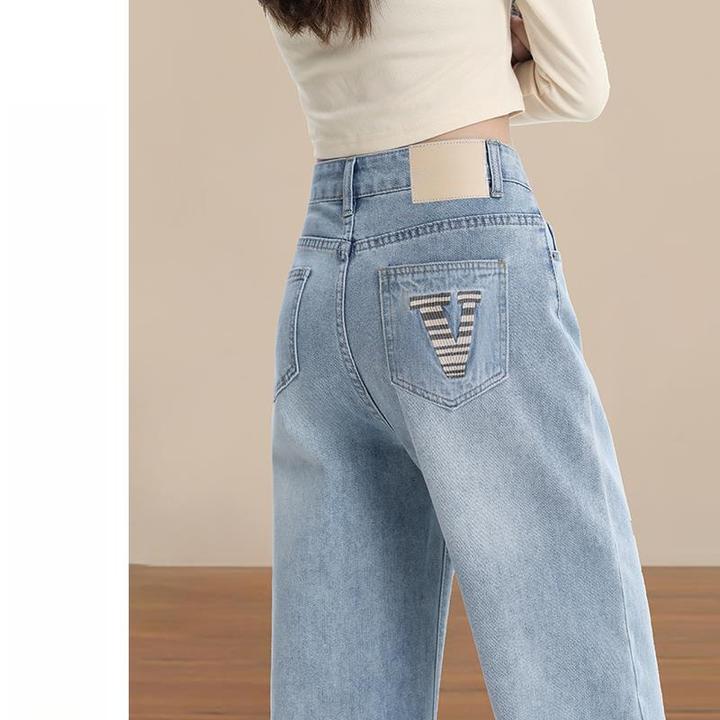 浅色刺绣阔腿牛仔裤女春秋2025新款宽松遮胯显瘦高腰窄版直筒裤子