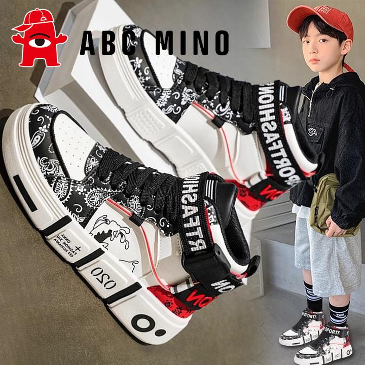 ABC MINO童鞋男童2025新款秋季高帮运动鞋中大童男孩皮面儿童板鞋