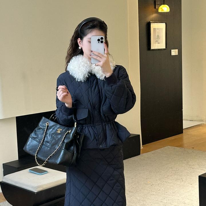 LUOZHIYIN/罗知音C313439F设计感菱形棉服+半身裙时尚套装