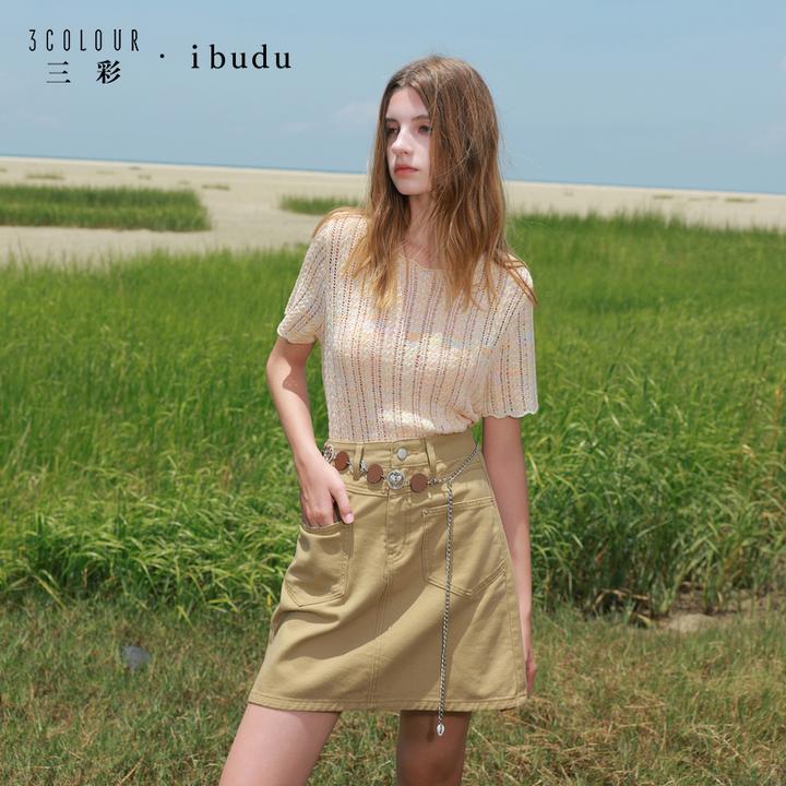 三彩ibudu2025秋季新款镂空针织衫晕染毛衫短款肌理感女