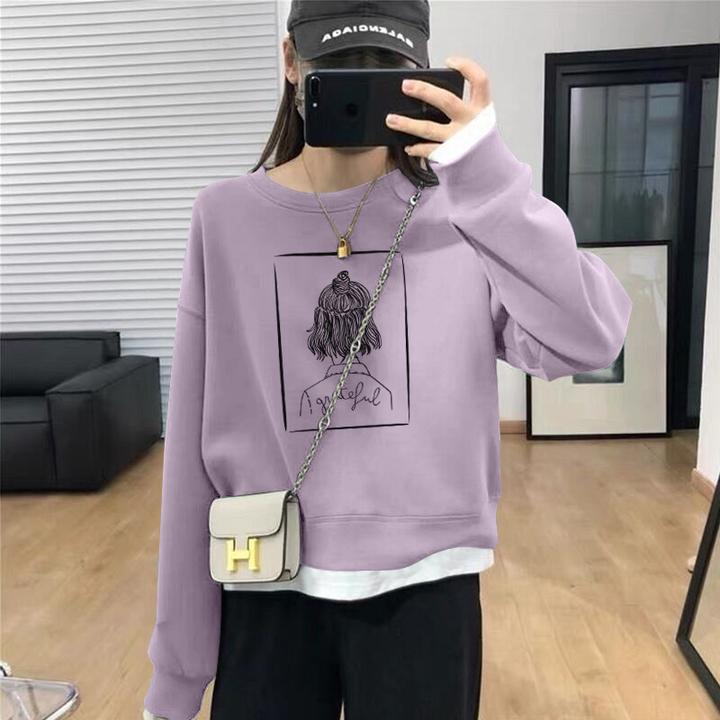 假两件圆领套头短款卫衣女加绒加厚秋冬上衣宽松小个子春秋薄款