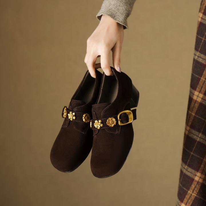 羊皮~4cm乐福鞋女春秋圆头金属花朵中跟粗跟真皮磨砂皮深口单鞋女