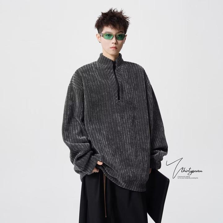 稻草人新款秋季男士时尚卫衣上衣外套休闲条纹半拉链宽松高领长袖