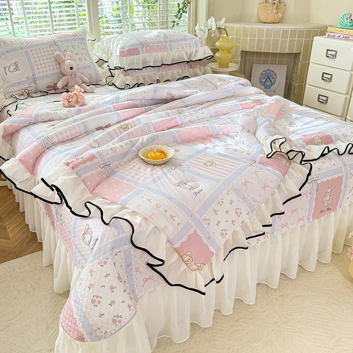 韩版夏凉被床盖款冰丝凉席冰豆豆夏季空调薄被带花边公主风夏被